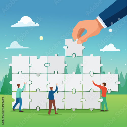 New joiner to fill in team and solve problem, teamwork to get solution, put right man in the right job to fit job description concept, businessman hand HR put new joiner to connect jigsaw puzzl