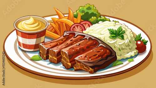 BBQ ribs with mashed potatoes and coleslaw on a plate



