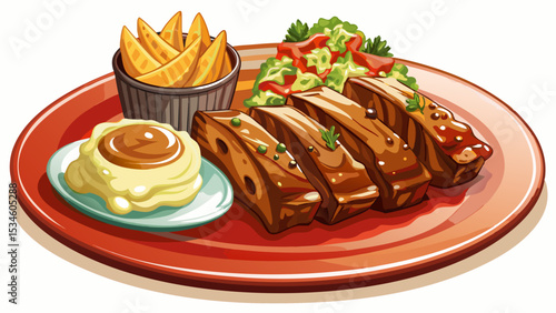 BBQ ribs with mashed potatoes and coleslaw on a plate
