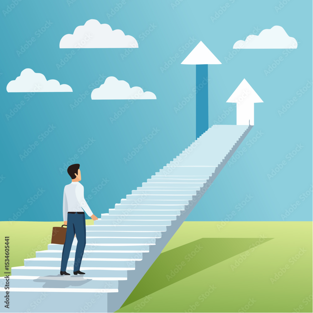 Step to success, improvement, challenge or career growth development, leadership progress, career path direction or stairway to win business concept, businessman walk up arrow stair for victor Step to success, improvement, challenge or career growth development, leadership progress, career path direction or stairway to win business concept, businessman walk up arrow stair for victor