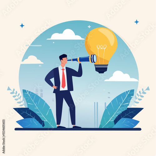 Product discovery, market trend research, testing and feedback, usability insights, prototype to launch product, demand evaluation concept, businessman discover light bulb idea through telescop