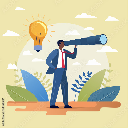 Product discovery, market trend research, testing and feedback, usability insights, prototype to launch product, demand evaluation concept, businessman discover light bulb idea through telescop