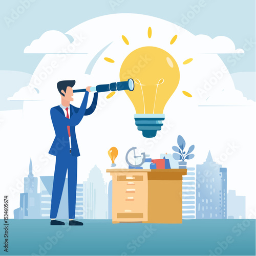 Product discovery, market trend research, testing and feedback, usability insights, prototype to launch product, demand evaluation concept, businessman discover light bulb idea through telescop