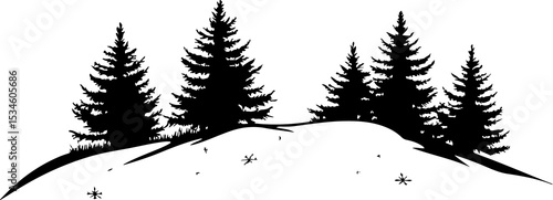 silhouette of pine trees on snowy hill