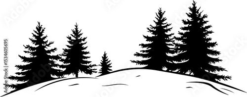 silhouette of pine trees on snowy hill