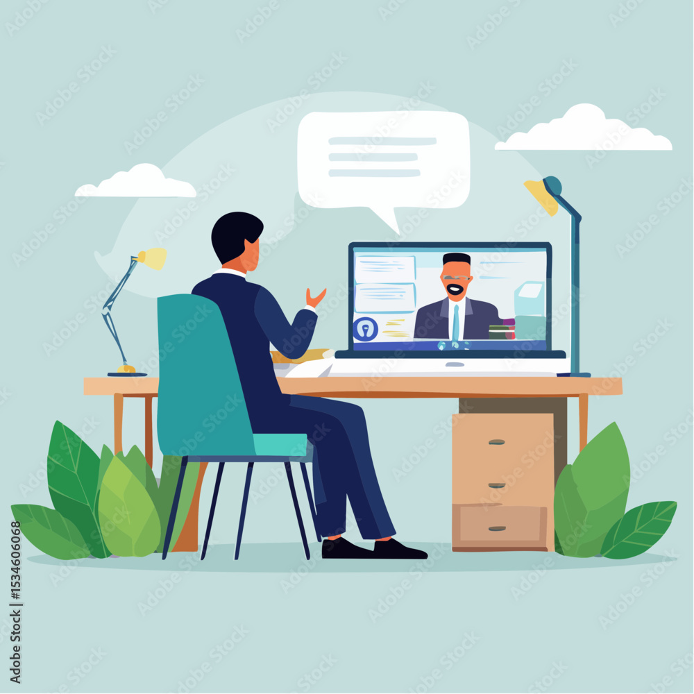 Fototapeta premium Businessman Conducting Online Video Interview, Engaging in E-Learning or Job Discussion, Virtual Meeting with Colleague, Laptop Conference Call Setup.