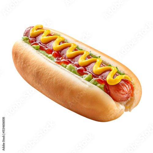 Hot Dog with Ketchup Mustard and Relish in Soft Bun isolated on a transparent background hotdog sausage
