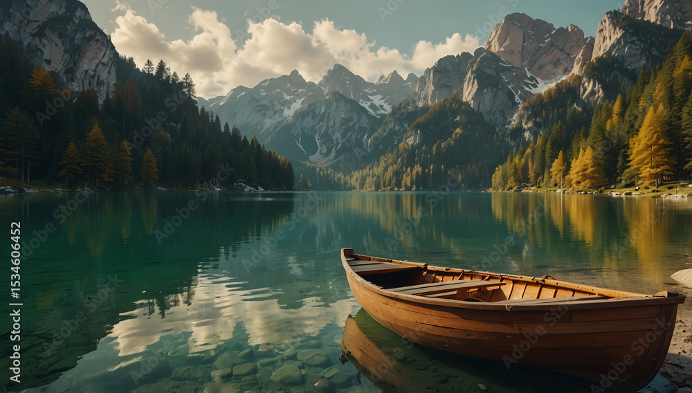Obraz premium Tranquil Wooden Boat on Alpine Lake
