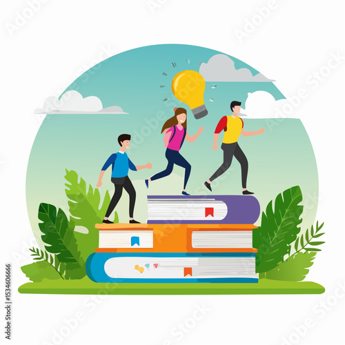 Knowledge or education to help business success, wisdom or learning to help employee achieve goal, training or education course concept, people running on growth book stack to achieve goa
