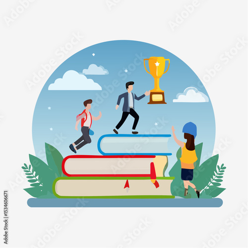 Knowledge or education to help business success, wisdom or learning to help employee achieve goal, training or education course concept, people running on growth book stack to achieve goa