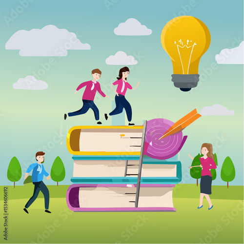 Knowledge or education to help business success, wisdom or learning to help employee achieve goal, training or education course concept, people running on growth book stack to achieve goa