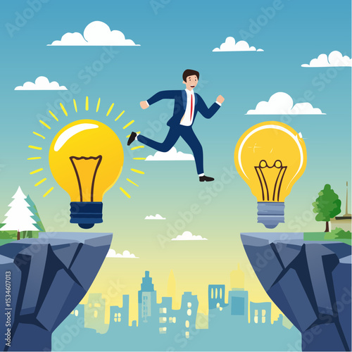 Business transformation, change management or transition to better innovative company, improvement and adaptation to new normal concept, smart businessman jump from old to new shiny lightbulb ide