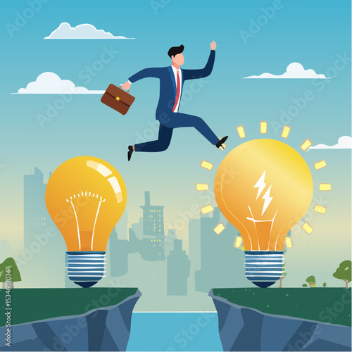 Business transformation, change management or transition to better innovative company, improvement and adaptation to new normal concept, smart businessman jump from old to new shiny lightbulb ide