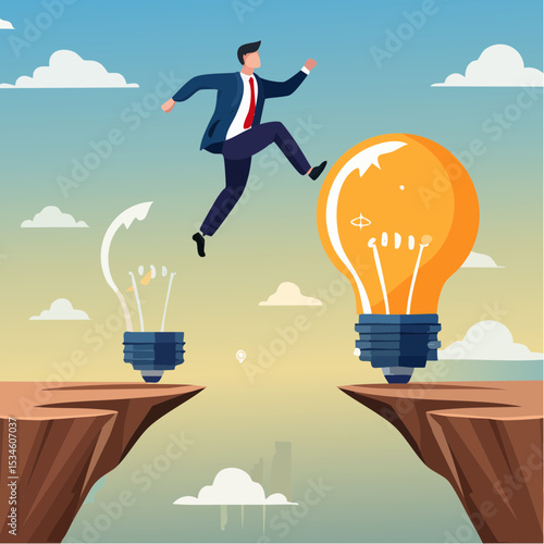 Business transformation, change management or transition to better innovative company, improvement and adaptation to new normal concept, smart businessman jump from old to new shiny lightbulb ide