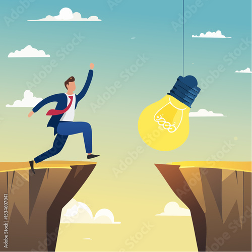 Business transformation, change management or transition to better innovative company, improvement and adaptation to new normal concept, smart businessman jump from old to new shiny lightbulb ide