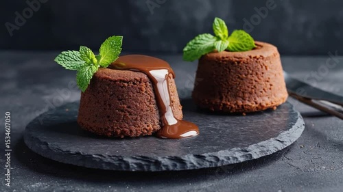 Decadent chocolate lava cakes with mint garnish on a slate plate against a dark background