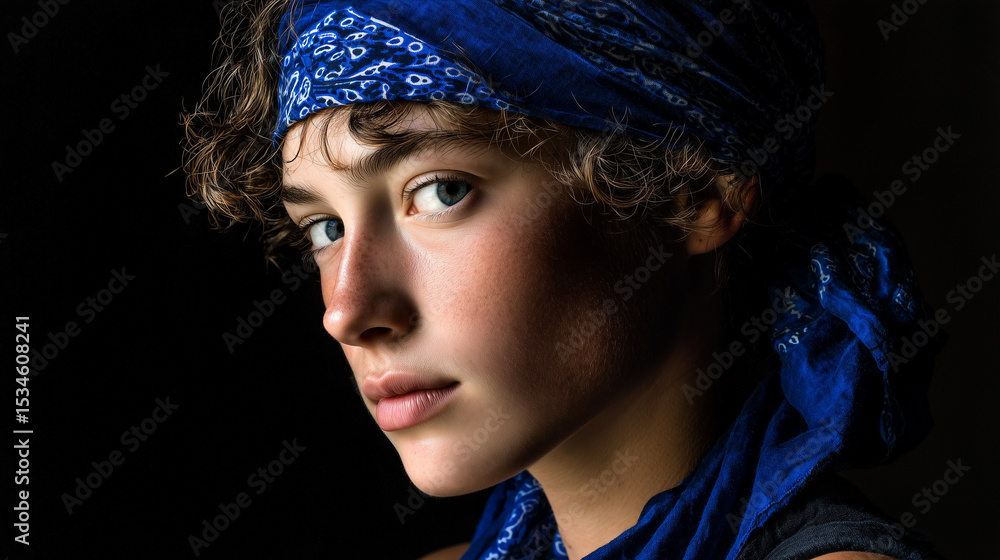 Fototapeta premium Zbliżenie na twarz osoby w niebieskiej chuście, z kręconymi włosami i niebieskimi oczami, spoglądającej w bok. Portret emanuje naturalnym pięknem i delikatnością.