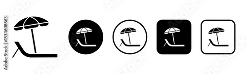 Beach chair icon set illustration. Deckchair with umbrella sign and symbol vector.