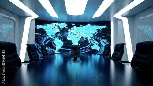 A futuristic conference room featuring a large screen displaying a world map and data swirls