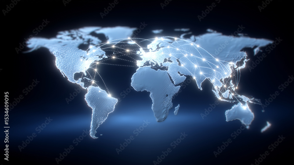 Obraz premium Glowing Digital Trade Routes Connecting Global Markets on World Map