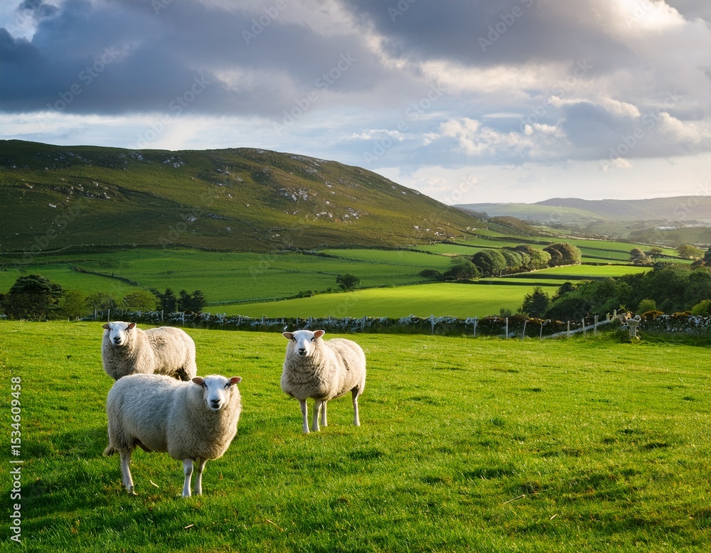 Obraz premium scenic irish landscape with sheep grazing on a backdrop of green hills green pastures and sheep in irish countryside
