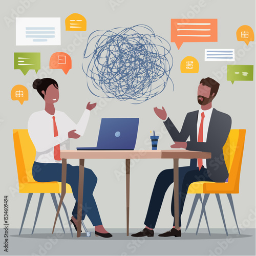 Communication problem, misunderstanding or confusion, mess or chaos communicate, conflict opinion, discussion or meeting conversation concept, business people colleagues communicate with messy lin