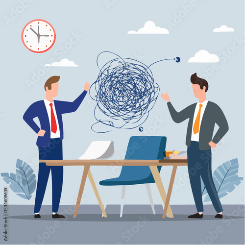 Communication problem, misunderstanding or confusion, mess or chaos communicate, conflict opinion, discussion or meeting conversation concept, business people colleagues communicate with messy lin