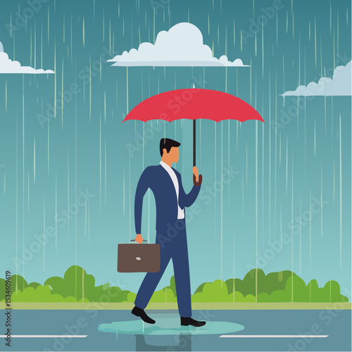 Having bad day, disappointed work, discourage or depression, failure feeling bad or difficulty, having problem and trouble concept, depressed wet businessman walking in raining thunderstorm