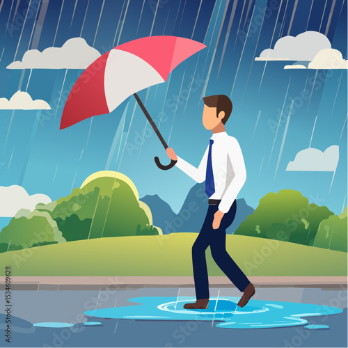 Having bad day, disappointed work, discourage or depression, failure feeling bad or difficulty, having problem and trouble concept, depressed wet businessman walking in raining thunderstorm