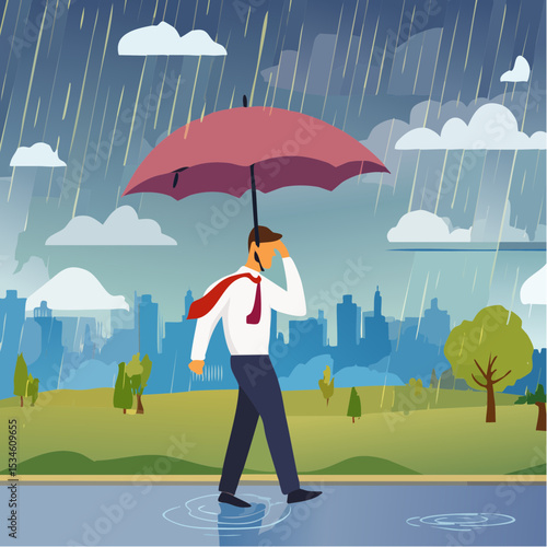 Having bad day, disappointed work, discourage or depression, failure feeling bad or difficulty, having problem and trouble concept, depressed wet businessman walking in raining thunderstorm