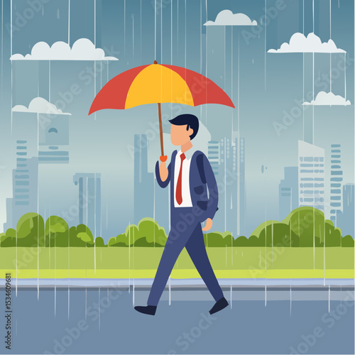 Having bad day, disappointed work, discourage or depression, failure feeling bad or difficulty, having problem and trouble concept, depressed wet businessman walking in raining thunderstorm