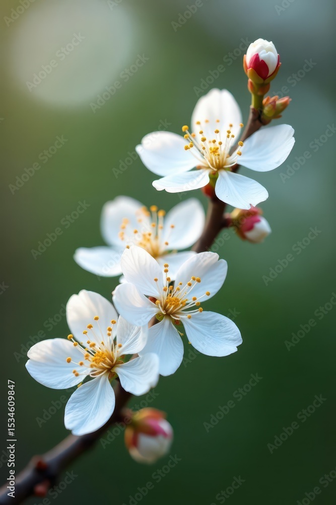 Fototapeta premium Delicate white blossoms on a flowering branch , white petals, spring bloom, flora