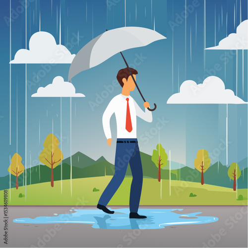 Having bad day, disappointed work, discourage or depression, failure feeling bad or difficulty, having problem and trouble concept, depressed wet businessman walking in raining thunderstorm