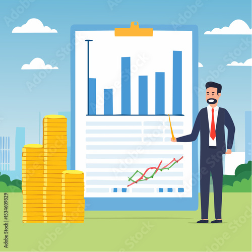 Financial statement, money expense profit and loss report, tax audit chart and graph, calculate budget, financial research or banking document concept, business man with financial statement documen