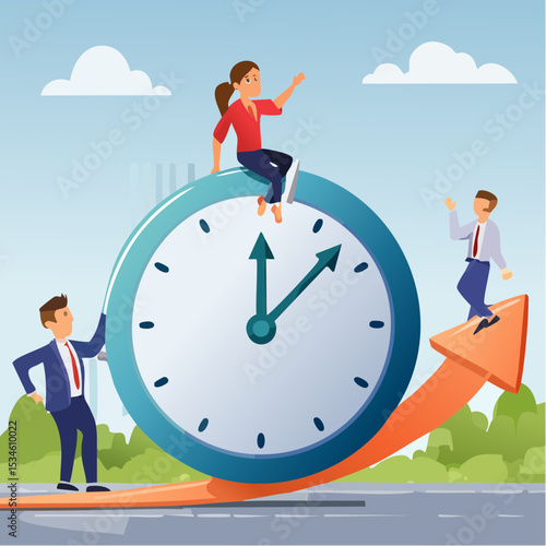 Time management, effort or efficiency boost, productivity to finish project, teamwork or planning, multitasking or finish work within deadline concept, business people riding clock up rising arro