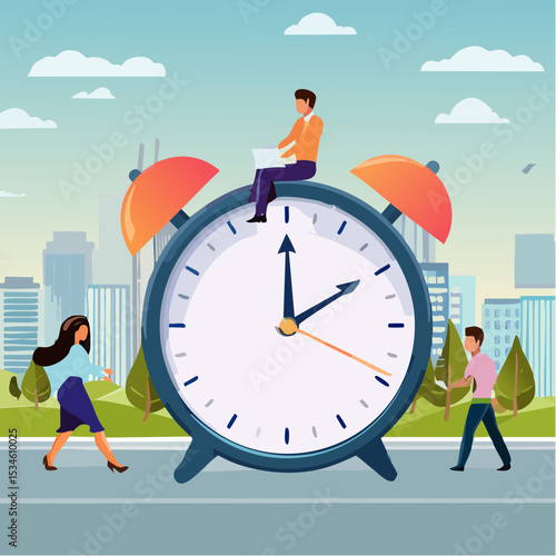 Time management, effort or efficiency boost, productivity to finish project, teamwork or planning, multitasking or finish work within deadline concept, business people riding clock up rising arro