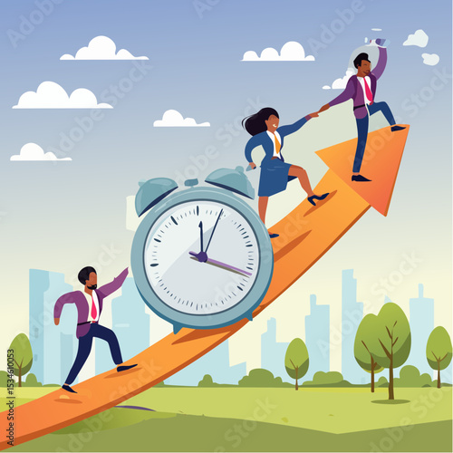 Time management, effort or efficiency boost, productivity to finish project, teamwork or planning, multitasking or finish work within deadline concept, business people riding clock up rising arro