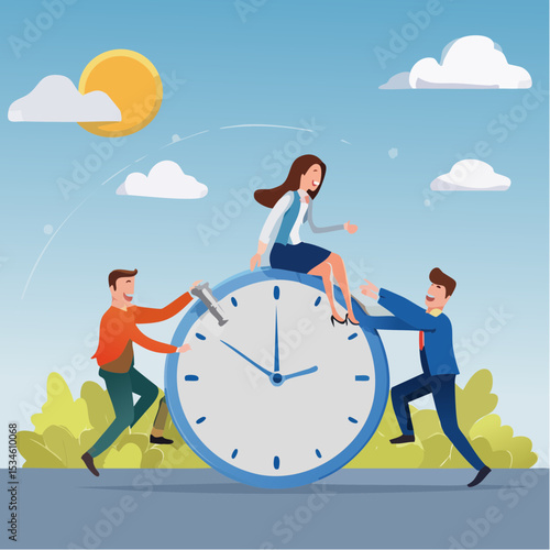 Time management, effort or efficiency boost, productivity to finish project, teamwork or planning, multitasking or finish work within deadline concept, business people riding clock up rising arro