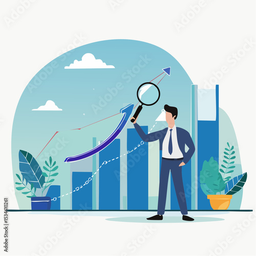 Trend analysis, marketing and sales information, analyze or predict trend line or profit, business forecast report concept, businessman analyst analyze trend graph and chart with magnifying glas