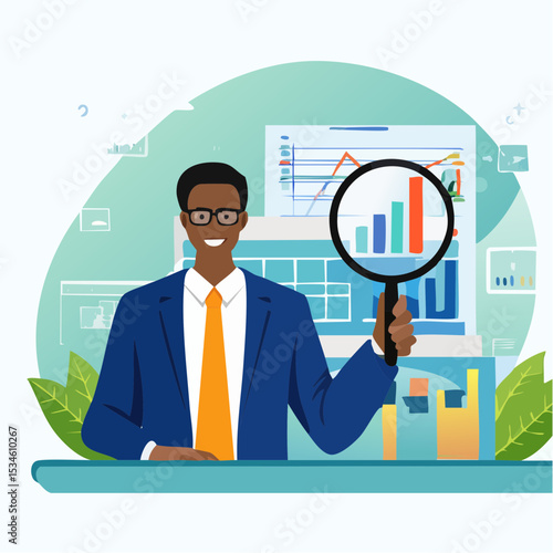 Trend analysis, marketing and sales information, analyze or predict trend line or profit, business forecast report concept, businessman analyst analyze trend graph and chart with magnifying glas