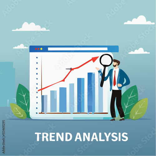 Trend analysis, marketing and sales information, analyze or predict trend line or profit, business forecast report concept, businessman analyst analyze trend graph and chart with magnifying glas