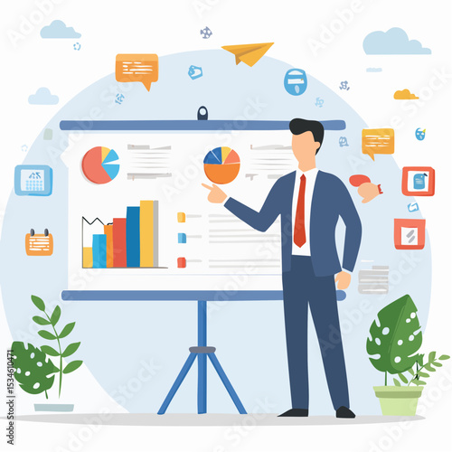 Sales pitch or presentation for business idea and opportunity, presenting proposal or plan to client or prospect, convince or selling concept, confidence businessman present sales pitch on whiteboar