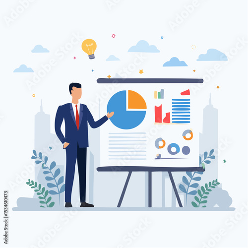 Sales pitch or presentation for business idea and opportunity, presenting proposal or plan to client or prospect, convince or selling concept, confidence businessman present sales pitch on whiteboar