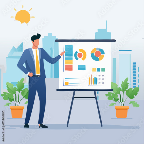 Sales pitch or presentation for business idea and opportunity, presenting proposal or plan to client or prospect, convince or selling concept, confidence businessman present sales pitch on whiteboar