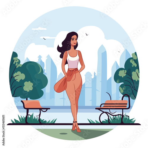 Professional Cartoon Woman Avatar enjoying leisure time in urban park illustration