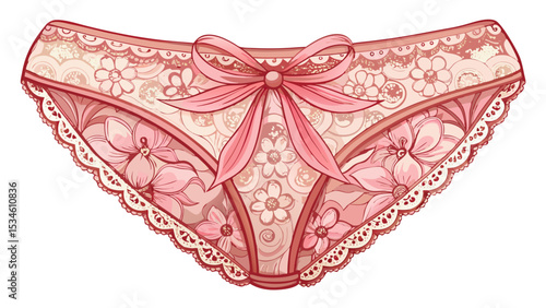 A lace bikini short in soft pastel pink, detailed with delicate floral patterns and satin bow, rests gracefully on a white background, ideal for showcasing femininity and romantic vector design.

