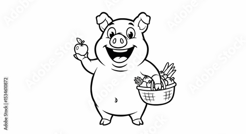 Happy Pig Cartoon Illustration Holding Apple and Veggie Basket