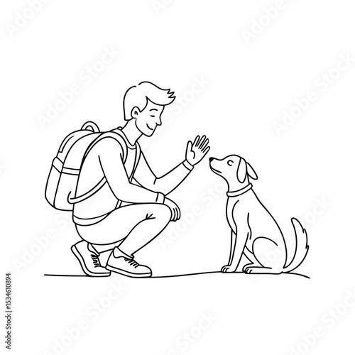 Minimalist Line Art Illustration of a Man with a Backpack and Dog - Ideal for Travel, Friendship, and Outdoor Adventure Concepts