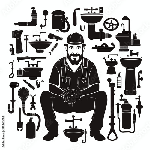 Black Silhouette Plumber with Plumbing Icons for Professional Use