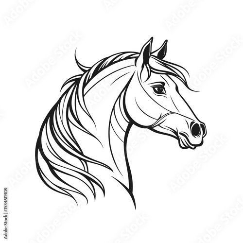 Elegant Stylized Black and White Line Art of a Horse Head with Flowing Mane - Ideal for Equestrian, Animal, and Decorative Designs